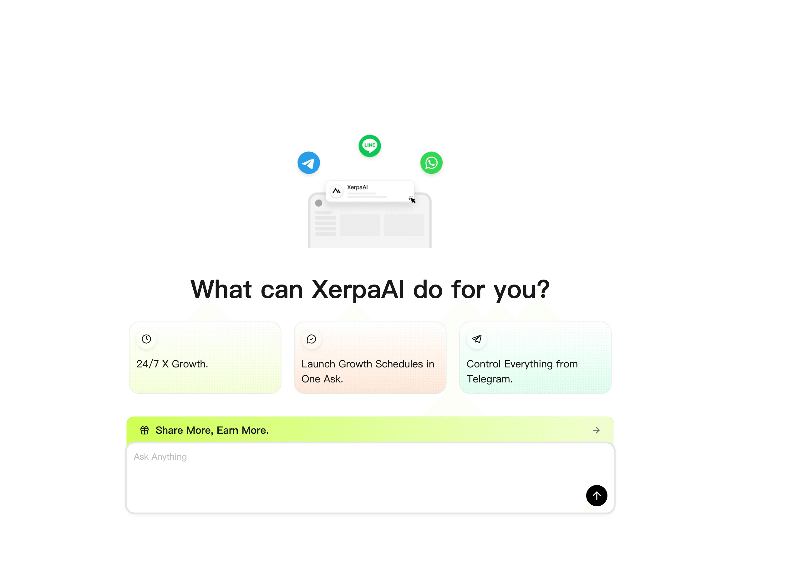 XerpaAI growth agent experience with Telegram, LINE, and WhatsApp connections